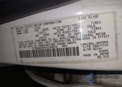 2000 Toyota 4Runner Sr5 from USA, damaged, VIN JT3GN86R9Y0159054